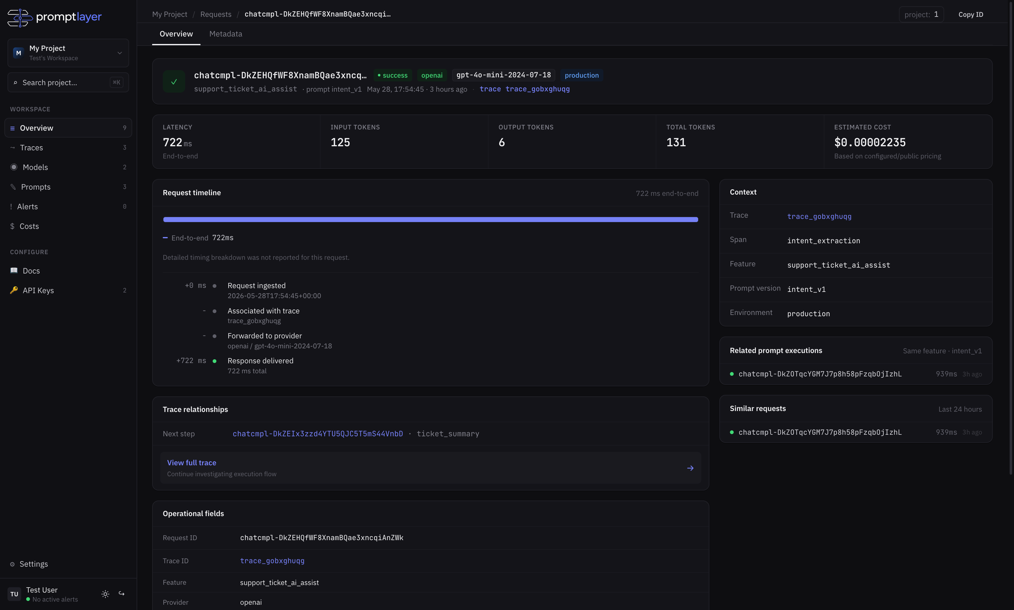 PromptLayer request explorer with provider and token details